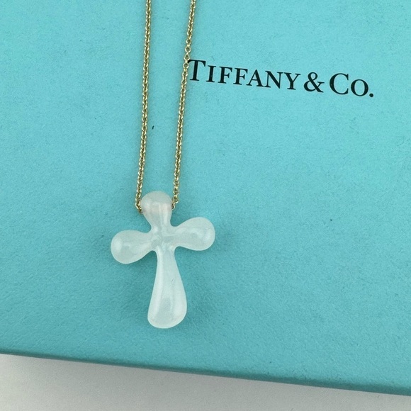 Tiffany & Co. Elsa Peretti White Jade Cross Necklace 18k Yellow Gold 16" - Picture 4 of 8
